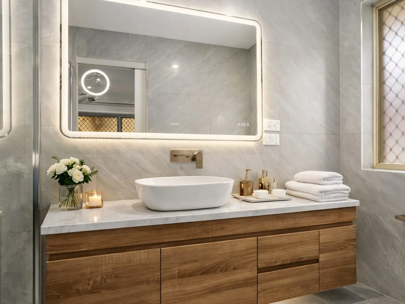 Completed Woodcroft bathroom renovation with a timber vanity, backlit mirror and frameless shower